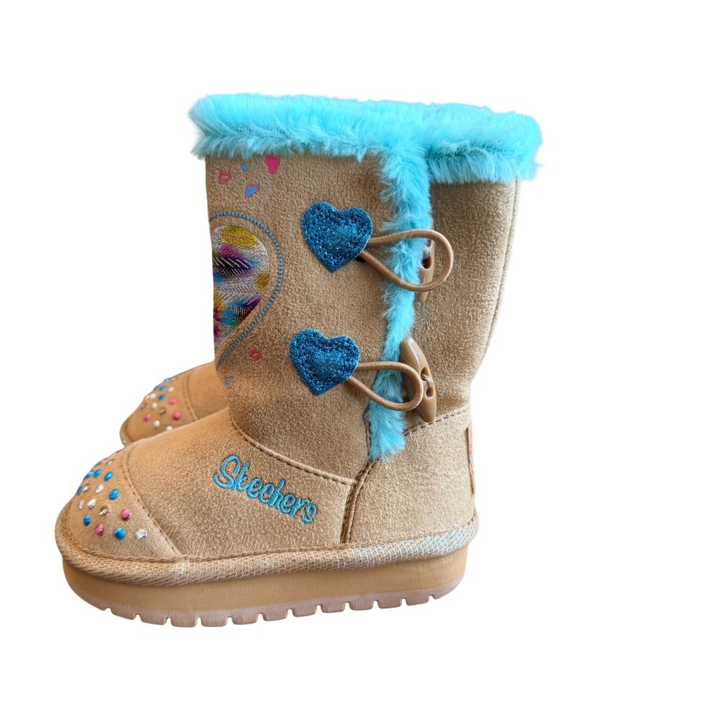 Skechers Twinkle Toes Kids Light‎ Up Boots Tan Turquoise Heart 10402N Size 6 NEW
